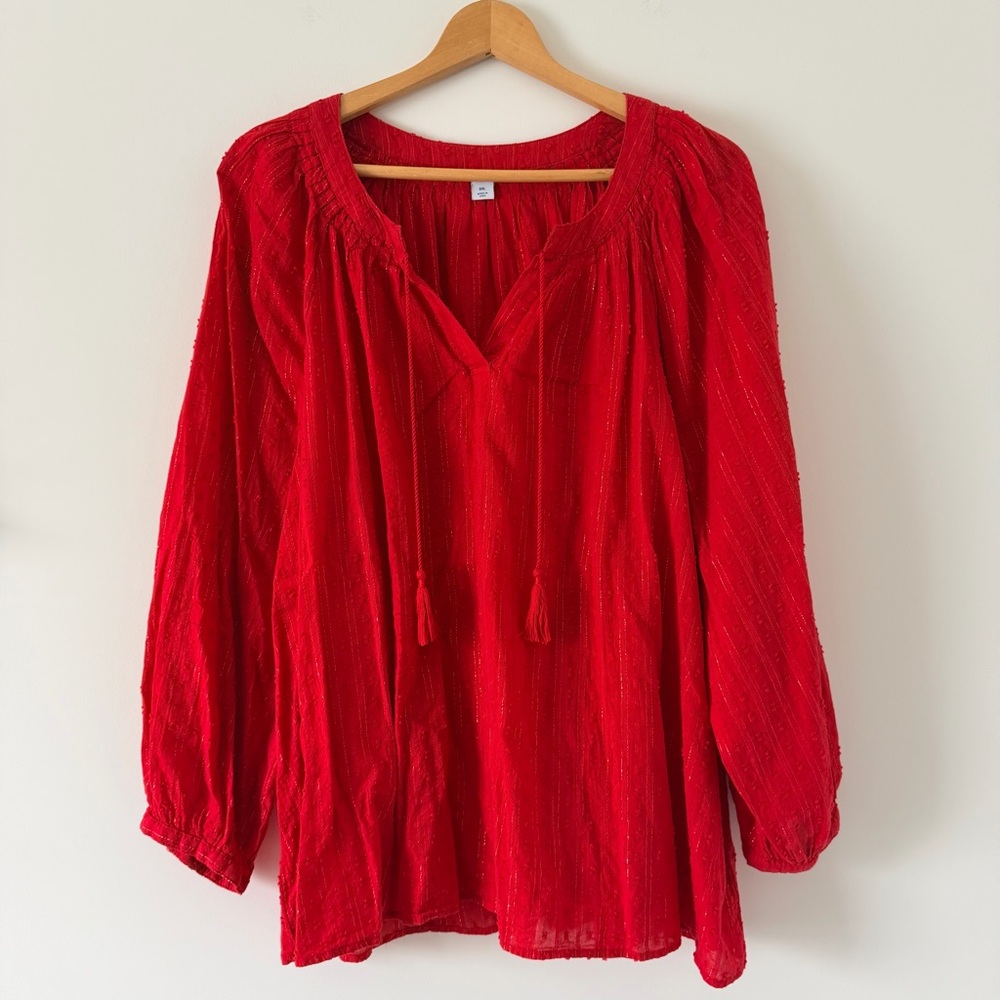 Old Navy Red Peasant Blouse with Tassel Ties